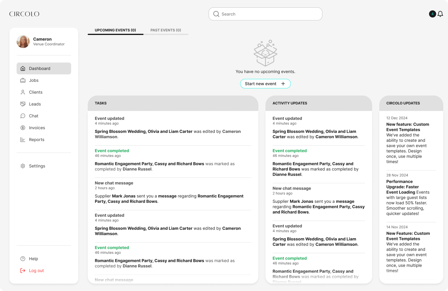 Circolo App - User Module - Dashboard - No events